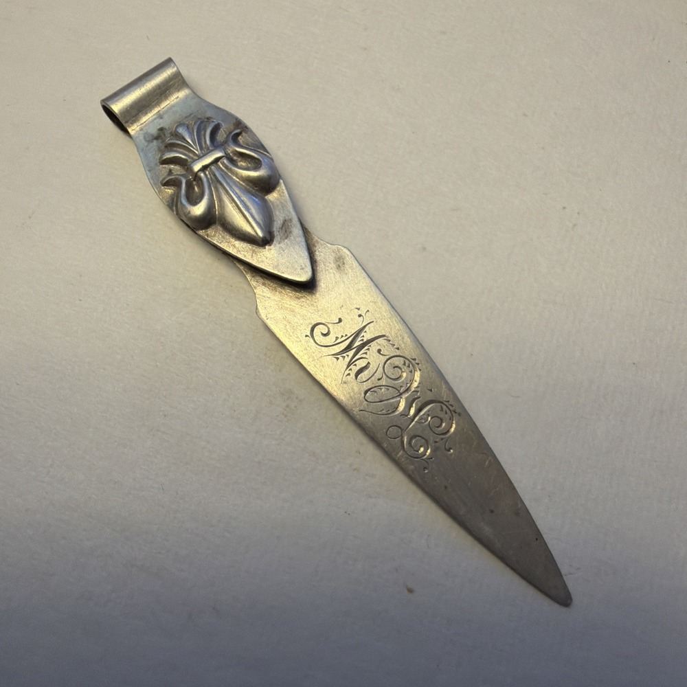 Antique Sterling Silver Fleur de Lis Bookmark LION W MARK  ENGRAVED M L
